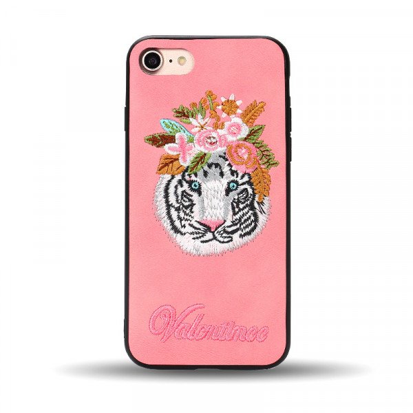 Wholesale iPhone 8 Plus / 7 Plus Design Cloth Stitch Hybrid Case (Pink Tiger)